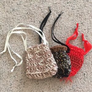 HAND CRAFTED 3 Mini Bags Boho Drawstring Crochet Tan Black Red